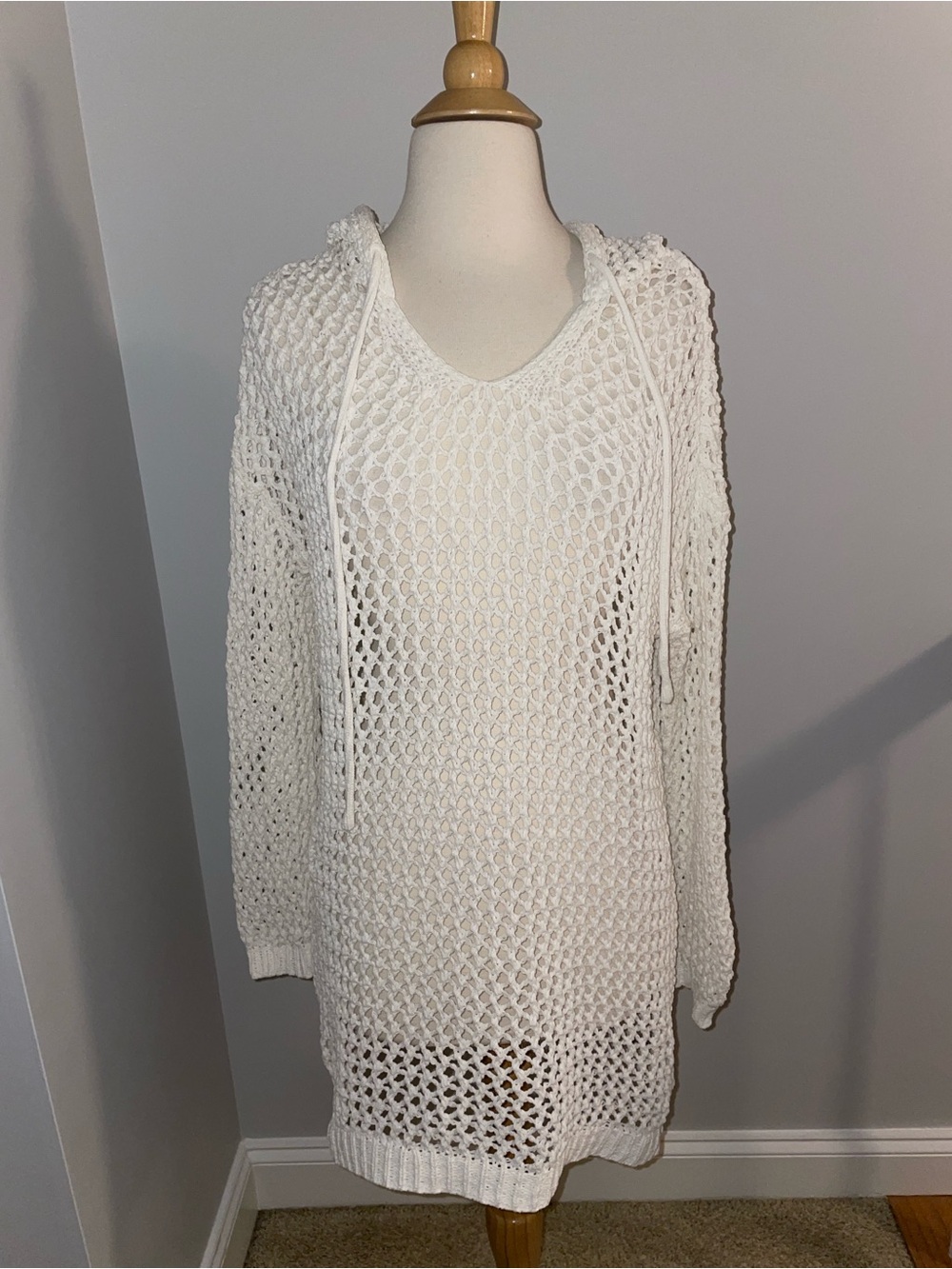 Nicole Miller Off White Open-Knit Hooded Swim Coverup